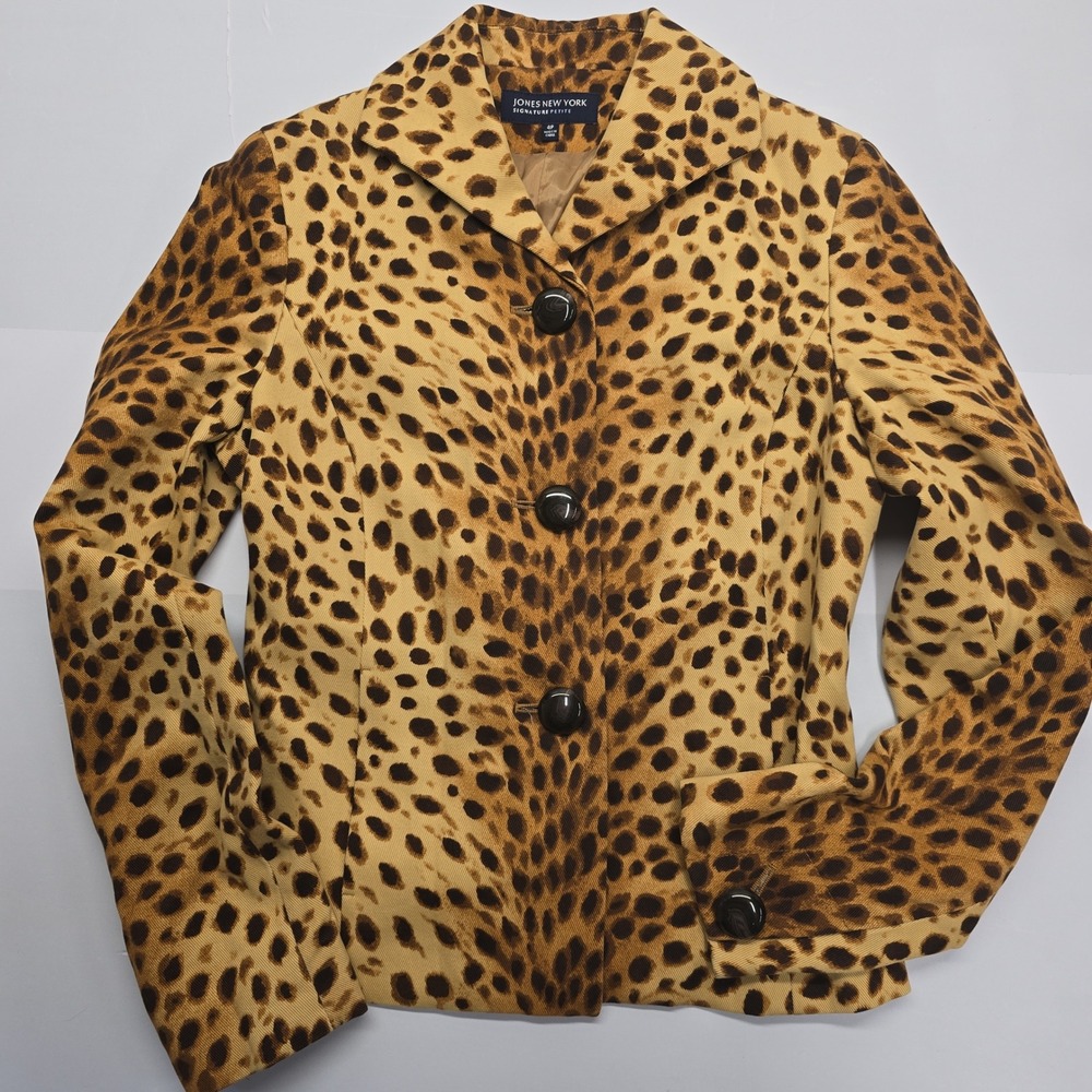 Jones New York Signature Petite Leopard Animal Print Cotton Jacket Tan Brown 4P